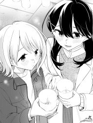 Rule 34 | 2girls, absurdres, blush, candle, closed mouth, coat, commentary request, dress shirt, greyscale, hair between eyes, hair ornament, hairclip, highres, holding, holding candle, honda sora, jacket, kashikaze, lonely girl ni sakaraenai, long hair, long sleeves, lower teeth only, medium hair, monochrome, multiple girls, open clothes, open coat, open jacket, open mouth, sakurai ayaka (lonely girl ni sakaraenai), screentones, shirt, signature, sweater, teeth