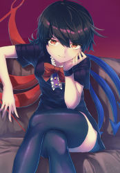 Rule 34 | 1girl, asymmetrical wings, black dress, black hair, black thighhighs, blue wings, bow, bowtie, breasts, center frills, commentary request, couch, dated, dress, feet out of frame, frills, hair between eyes, hand up, head rest, highres, houjuu nue, indoors, kisamu (ksmz), looking at viewer, red bow, red bowtie, red eyes, red wings, short dress, short hair, signature, sitting, small breasts, smile, solo, thighhighs, thighs, touhou, wings, wristband