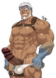 Rule 34 | 1boy, abs, aegir (housamo), anchor earrings, aqua hair, bar censor, bara, bare pectorals, beard, blue eyes, bulge, censored, chest harness, clothes pull, come hither, dark-skinned male, dark skin, earrings, erection, eyewear on head, facial hair, feet out of frame, fingernails, fins, fish boy, harness, highres, jewelry, large pectorals, large penis, leather, male focus, male pubic hair, male swimwear, mature male, multicolored hair, muscular, muscular male, navel, nipples, one-piece swimsuit pull, pectorals, penis, pubic hair, pulling own clothes, seductive smile, sharp fingernails, shirako (kirupi), short hair, single earring, skindentation, smile, solo, stomach, streaked hair, sunglasses, swim briefs, tan, tanline, thick thighs, thighs, tokyo houkago summoners, veins, veiny penis, white hair, white male swimwear