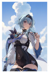 Rule 34 | 1girl, absurdres, black hairband, black leotard, blue hair, blue necktie, border, brown eyes, closed mouth, commentary request, cowboy shot, cropped jacket, eula (genshin impact), food, frilled hairband, frills, genshin impact, gloves, hairband, highres, holding, holding food, holding popsicle, jacket, leotard, long sleeves, looking at viewer, necktie, popsicle, short hair, single glove, sky, smile, solo, vision (genshin impact), white border, white jacket, zaicenshi