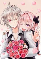 Rule 34 | 2boys, :d, ahoge, astolfo (fate), black bow, blush, bow, braid, collarbone, commentary request, fang, fate (series), flower, hair between eyes, hair bow, hair intakes, hand on shoulder, head on another&#039;s shoulder, highres, holding, holding flower, kakan (amka), long braid, long hair, long sleeves, looking at viewer, male focus, medium hair, multiple boys, one eye closed, open mouth, pink flower, red eyes, red flower, shirt, sieg (fate), single braid, skin fang, smile, trap, w