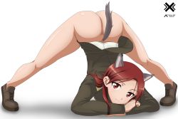 Rule 34 | 1girl, absurdres, acrux, animal ears, ass, blush, bottomless, dated, dog ears, dog tail, highres, jack-o&#039; challenge, long hair, looking at viewer, military, military uniform, minna-dietlinde wilcke, no panties, red eyes, red hair, simple background, smile, solo, strike witches, tail, top-down bottom-up, uniform, white background, world witches series