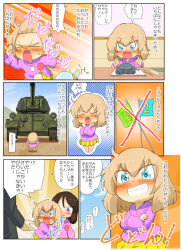 Rule 34 | &gt; &lt;, 1boy, 3girls, :d, aged down, black hair, black jacket, blonde hair, blue eyes, blue headwear, bob cut, chibi, closed eyes, comic, commentary, commentary request, crossed arms, crossed wrists, english commentary, falling, fang, flag, formal, frown, girls und panzer, grin, highres, indoors, jacket, jinguu (4839ms), katyusha (girls und panzer), kindergarten uniform, long sleeves, medium hair, mika (girls und panzer), military, military vehicle, mixed-language commentary, motion lines, motor vehicle, multiple girls, nonna (girls und panzer), open mouth, outdoors, pink jacket, pleated skirt, running, short hair, skirt, smile, suit, t-34, tank, translation request, trembling, tsuji renta, tulip hat, v-shaped eyebrows, yellow skirt