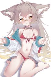 Rule 34 | 1girl, ahoge, animal ear fluff, animal ears, aqua hoodie, bandaid, bandaid on face, bandaid on nose, barefoot, belt collar, bikini, blush, chestnut mouth, collar, collarbone, ear piercing, eip (pepai), feet, front-tie top, hair between eyes, hands up, highres, hood, hoodie, light brown hair, long hair, looking at viewer, multicolored clothes, multicolored hoodie, navel, no pants, off shoulder, open clothes, open hoodie, original, piercing, red bikini, red hoodie, side-tie bikini bottom, sidelocks, simple background, sitting, solo, string bikini, swimsuit, thick eyebrows, thighs, toes, untied bikini, very long hair, virtual youtuber, wariza, white background, white hoodie, yellow eyes