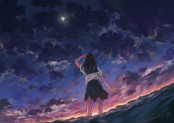 Rule 34 | 1girl, cloud, cloudy sky, fireworks, looking up, partially submerged, scenery, school uniform, sky, standing, water
