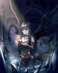 Rule 34 | 1girl, absurdres, black hair, black wings, blue eyes, breasts, choker, cleavage, closed mouth, detached sleeves, dress, feathers, gem, highres, hourglass, jewelry, light, limit x, long hair, long sleeves, looking away, medium breasts, original, revision, solo, standing, submerged, wading, wings