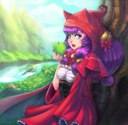 Rule 34 | 1girl, against tree, animal hood, apple, bell, blue eyes, breasts, cape, cat hood, cleavage, corset, eyeshadow, food, forest, fruit, hair bell, hair ornament, hood, koi drake, lipstick, little red riding hood, little red riding hood (grimm), long hair, makeup, nail polish, nature, parted lips, purple hair, purple nails, red cape, solo, tree