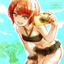 Rule 34 | 2girls, :d, bare arms, bare shoulders, bent over, bikini, breasts, camera, closed eyes, collarbone, commentary request, copyright name, cowboy shot, danganronpa (series), danganronpa 2: goodbye despair, dated, freckles, hair ornament, halterneck, hand on own thigh, holding, holding camera, koizumi mahiru, long hair, looking at viewer, multiple girls, navel, open mouth, plaid, plaid bikini, red hair, saionji hiyoko, scrunchie, short hair, small breasts, smile, solo focus, stomach, swimsuit, teeth, twintails, upper teeth only, uroko (mnr), wet, wet hair, wrist scrunchie