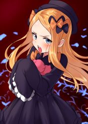 Rule 34 | 1girl, abigail williams (fate), bad id, bad pixiv id, black bow, black dress, black hat, blonde hair, blue eyes, blush, bow, bug, butterfly, dress, fate/grand order, fate (series), frilled sleeves, frills, hair bow, hands in opposite sleeves, hat, highres, insect, long hair, long sleeves, looking at viewer, open mouth, orange bow, parted bangs, red background, solo, stuffed animal, stuffed toy, teddy bear, tsukiman, v-shaped eyebrows, very long hair