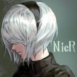 Rule 34 | 1girl, black hairband, closed mouth, copyright name, hair over eyes, hairband, mstm, nier (series), nier:automata, puffy sleeves, short hair, simple background, solo, 2b (nier:automata)