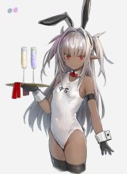 Rule 34 | 1girl, absurdres, animal ears, arm garter, black gloves, black thighhighs, blunt bangs, bow, bowtie, breasts, closed mouth, commentary request, cup, dark-skinned female, dark skin, deluxe&lt;&lt;&lt;, detached collar, drink, drinking glass, gloves, grey background, highres, holding, holding plate, long hair, looking at viewer, one-piece swimsuit, original, plate, playboy bunny swimsuit, pointy ears, rabbit ears, red bow, red bowtie, red eyes, school swimsuit, simple background, small breasts, smile, solo, swimsuit, thighhighs, two side up, white hair, white one-piece swimsuit, white school swimsuit