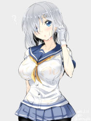Rule 34 | 10s, 1girl, ?, adjusting hair, black pantyhose, blue eyes, blue skirt, blush, breasts, commentary request, dated, gin&#039;ichi (akacia), gloves, grey background, hair ornament, hair over one eye, hairclip, hamakaze (kancolle), highres, kantai collection, large breasts, pantyhose, school uniform, serafuku, silver hair, simple background, skirt, solo, standing, wet, wet clothes