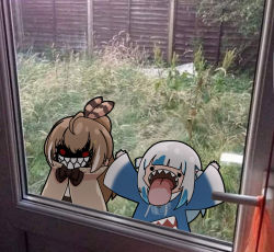 Rule 34 | 2girls, :o, against glass, animal costume, animal hood, arms up, backyard, blue hair, blue hoodie, blunt bangs, bow, bowtie, brown bow, brown cloak, brown hair, brown ribbon, chibi, clenched teeth, cloak, commentary, door, english commentary, feathers, fence, gawr gura, gawr gura (1st costume), grass, grey hair, hair ornament, hands up, hololive, hololive english, hood, hoodie, licking, long hair, long sleeves, looking at viewer, medium hair, meme, multicolored hair, multiple girls, nanashi mumei, nanashi mumei&#039;s horror painting, photo background, red eyes, ribbon, shark costume, shark hair ornament, shark hood, sharp teeth, sleeves past wrists, solid circle eyes, streaked hair, teeth, torororose, two side up, virtual youtuber, white hair, wide sleeves, window