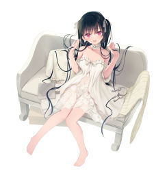 Rule 34 | 1girl, absurdres, bare shoulders, barefoot, bell, black hair, blanket, blush, book, breasts, chemise, choker, cleavage, collarbone, couch, dress, frilled choker, frilled dress, frills, full body, hair over shoulder, hair ribbon, hands in hair, highres, humuyun, key, keyring, long hair, looking at viewer, navel, on couch, open mouth, original, patterned clothing, pillow, red eyes, ribbon, see-through, see-through dress, short sleeves, simple background, sitting, small breasts, smile, solo, strapless, strapless dress, symbol-only commentary, twintails, white background, white dress