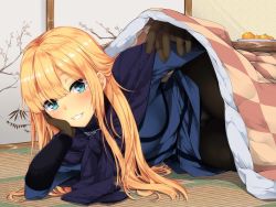 Rule 34 | 1girl, black pantyhose, blonde hair, blue eyes, blue jacket, blush, brown gloves, commentary request, fate/grand order, fate (series), food, fruit, gloves, jacket, lifting covers, long hair, looking at viewer, lord el-melloi ii case files, lying, mandarin orange, on side, pantyhose, presenting, reines el-melloi archisorte, smile, solo, table, tagme, tries, under table