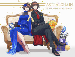 Rule 34 | 1boy, 1girl, absurdres, akira howard, alcohol, anklet, anniversary, astral chain, bare legs, black footwear, black gloves, black suit, blue choker, blue dress, blue flower, blue gloves, blue rose, bouquet, box, breasts, brother and sister, brown eyes, brown hair, champagne, champagne flute, character doll, choker, coattails, copyright name, couch, crossed legs, cup, dress, drinking glass, earrings, elbow gloves, flower, formal, full body, gift, gift box, gloves, hair flower, hair ornament, high heels, highres, jewelry, lapels, large breasts, legs together, long dress, necktie, one eye closed, peaked lapels, pinstripe pattern, pinstripe shirt, red necktie, rose, shirt, siblings, side slit, silver footwear, sitting, socks, striped, suit, thiru3dan, triangle earrings, twins