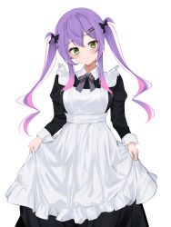 Rule 34 | 1girl, absurdres, alternate costume, apron, apron hold, black dress, blush, closed mouth, colored inner hair, dreamoon, dress, enmaided, feet out of frame, frilled apron, frills, gradient hair, green eyes, hair between eyes, hair ornament, hairclip, highres, hololive, juliet sleeves, long dress, long hair, long sleeves, looking at viewer, maid, maid apron, multicolored hair, pink hair, puffy sleeves, purple hair, sidelocks, simple background, skirt hold, sleeve cuffs, smile, solo, streaked hair, tokoyami towa, twintails, victorian maid, virtual youtuber, white apron