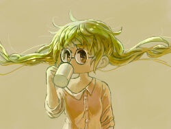 Rule 34 | 1girl, arm at side, blonde hair, commentary request, cup, floating hair, hand up, holding, holding cup, kezuru, long hair, looking to the side, messy hair, mug, orange eyes, orange pajamas, original, pajamas, round eyewear, simple background, single bare shoulder, solo, upper body, very long hair, yellow background
