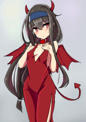 Rule 34 | 1girl, alternate costume, black hair, blue headband, blush, breasts, collar, comala (komma la), dress, halloween costume, hands on own chest, hatsushimo (kancolle), headband, horns, kantai collection, long hair, looking at viewer, parted lips, red collar, red dress, red eyes, red horns, red tail, red wings, simple background, small breasts, solo, tail, very long hair, wings