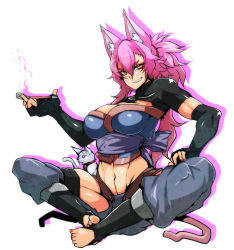 Rule 34 | &gt;:), 1girl, animal ears, bell, black gloves, breasts, cat, cat ears, cat girl, cat tail, cleavage, collar, fingerless gloves, full body, gloves, grin, groin, hip vent, holding, holding smoking pipe, indian style, jingle bell, kamen no hito, kiseru, large breasts, long hair, looking at viewer, medium breasts, midriff, muscular, nail polish, navel, neck bell, original, pink hair, red nails, sash, sitting, smile, smoke, smoking pipe, solo, tail, tsurime, undershirt, v-shaped eyebrows, yellow eyes