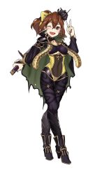 Rule 34 | 1girl, absurdres, alternate costume, armor, black legwear, bodysuit, boots, bow, breasts, brown eyes, brown hair, cape, covered navel, delthea (fire emblem), ebinku, fang, fire emblem, fire emblem echoes: shadows of valentia, flower, full body, hair between eyes, hair bow, hair flower, hair ornament, high heel boots, high heels, highres, long sleeves, looking at viewer, medium breasts, medium hair, nintendo, one eye closed, open mouth, ponytail, shoulder armor, simple background, skin tight, smile, solo, standing, sword, v, weapon, white background