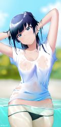 Rule 34 | absurdres, aqua eyes, bad id, bad pixiv id, beach, bikini, bikini bottom only, black bikini, black hair, blue sky, blurry, blurry background, breasts, cloud, collarbone, covered erect nipples, day, eutoria, groin, hands in hair, highres, long hair, looking at viewer, medium breasts, navel, nipples, no pants, original, outdoors, partially submerged, see-through, see-through shirt, shirt, short sleeves, sky, smile, standing, swimsuit, t-shirt, tree, twitter username, wet, wet clothes, wet shirt, white shirt