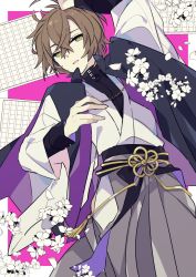 Rule 34 | 1boy, arm up, brown hair, chain, commentary, english commentary, flower, green eyes, hair between eyes, hakama, hakama skirt, hypnosis mic, japanese clothes, kimono, long sleeves, looking at viewer, male focus, paper, parted lips, skirt, solo, white kimono, yoshiki, yumeno gentaro