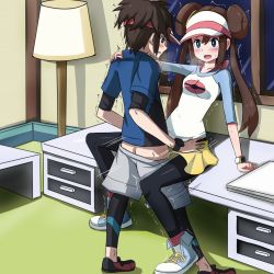 Rule 34 | 1boy, 1girl, arm support, ass, black eyes, black hair, black pantyhose, blue eyes, blue footwear, blue shirt, blush, breasts, breath, brown hair, butt crack, clothed sex, collarbone, creatures (company), desk, double bun, eye contact, franberyll, full body, game freak, grey shorts, hair bun, hair tie, hand on another&#039;s shoulder, happy sex, hat, heavy breathing, hetero, indoors, lamp, leggings, long hair, long sleeves, looking at another, motion lines, nate (pokemon), night, nintendo, open mouth, pantyhose, pink headwear, poke ball theme, pokemon, pokemon bw2, red footwear, red headwear, rosa (pokemon), sex, shadow, shirt, shoes, short hair, short shorts, short sleeves, shorts, sideways mouth, sitting, skirt, small breasts, smile, sneakers, standing, sweat, textless version, trembling, twintails, visor cap, watch, window, wristwatch, yellow shorts