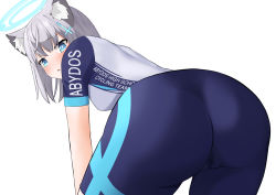 Rule 34 | 1girl, animal ears, artist request, ass, bike shorts, blue archive, blue eyes, blush, breasts, cameltoe, cat ears, from behind, halo, highres, huge ass, leaning, leaning forward, looking at viewer, open mouth, shiroko (blue archive), short hair, sideboob, silver hair, skin tight, solo