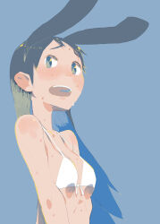 Rule 34 | 1girl, animal ears, arms at sides, bare arms, bare shoulders, bikini, black eyes, black fur, black hair, blue background, blush, breasts, breasts squeezed together, dot nose, extra ears, furrowed brow, hara (pencilpen), highres, long hair, open mouth, original, portrait, rabbit ears, simple background, small breasts, solo, sweat, swimsuit, tareme, teeth, upper teeth only, wet, white bikini