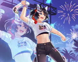 1girl :d aerial_fireworks animal_ears arm_up black_hair black_pants blue_eyes bracelet breasts clothes_writing cloud commentary_request cowboy_shot crop_top cropped_shirt denim ear_covers ear_ornament fireworks gaman hair_between_eyes hair_ornament highres holding holding_towel horse_ears horse_girl horse_tail jeans jewelry katsuragi_ace_(umamusume) medium_hair midriff monitor multicolored_hair multiple_bracelets navel night open_mouth outdoors pants ponytail screen shirt shoes short_sleeves sidelocks small_breasts smile sneakers solo stage stage_lights standing standing_on_one_leg streaked_hair t-shirt tail tassel tassel_hair_ornament teeth torn_clothes torn_pants towel two-tone_hair uma_summer_(umamusume) umamusume upper_teeth_only white_footwear white_hair white_shirt