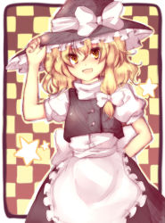 Rule 34 | 1girl, arm behind back, bad id, bad pixiv id, blonde hair, female focus, hand on headwear, hat, kirisame marisa, mirage, open mouth, smile, solo, star (symbol), touhou, uranaishi (miraura), witch, witch hat, yellow eyes