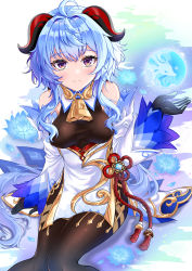 Rule 34 | 1girl, ahoge, bare shoulders, bell, black gloves, blue hair, blush, bodysuit, breasts, chinese clothes, closed mouth, crossed bangs, detached sleeves, flower, ganyu (genshin impact), genshin impact, gloves, goat horns, highres, horns, large breasts, long hair, long sleeves, looking at viewer, purple eyes, sitting, smile, solo, yuito (yuitokobunasbs0)