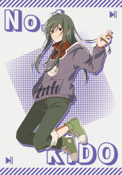 Rule 34 | 1girl, absurdres, ahoge, character name, closed mouth, collared shirt, colored eyelashes, commentary, cross-laced footwear, diagonal stripes, drop shadow, full body, gradient background, green footwear, green hair, green pants, grey footwear, hair between eyes, halftone, halftone background, hand in pocket, high tops, highres, holding, holding own hair, hood, hood down, hoodie, kagerou project, kido tsubomi, koyon, letterboxed, long hair, looking at viewer, midair, outline, pants, pants rolled up, pocket, print hoodie, purple background, purple eyes, purple hoodie, red shirt, shirt, shoelaces, shoes, sideways glance, sneakers, solo, straight hair, striped, triangle, two-tone footwear, white background, white outline, white trim, zipper, zipper pull tab