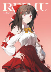 1girl absurdres alternate_costume bow bowtie brown_hair character_name closed_mouth clothing_cutout collared_shirt commentary_request contemporary english_text frilled_bow frills hair_bow hakurei_reimu hand_on_own_hip highres light_blush long_hair long_sleeves looking_at_viewer red_background red_eyes red_skirt sarukana shirt shoulder_cutout skirt smile solo touhou white_shirt yellow_bow yellow_bowtie