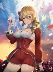 Rule 34 | 1girl, absurdres, bad id, bad twitter id, blonde hair, blush, bow, breasts, closed mouth, collarbone, day, dress, drill hair, field, flower, flower field, frilled sleeves, frills, glint, hair between eyes, hair bow, hair over shoulder, highres, holding, holding flower, large breasts, long hair, looking at viewer, original, outdoors, petals, petticoat, red bow, red dress, red eyes, shrug (clothing), side drill, smile, solo, tareme, thighhighs, uthy, white thighhighs, wind