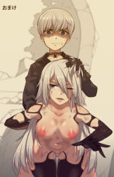 Rule 34 | 1boy, 1girl, 9s (nier:automata), a2 (nier:automata), against glass, angry, blue eyes, blush, bottomless, breasts, collarbone, grabbing another&#039;s hair, hand on another&#039;s head, hetero, highres, indoors, long hair, medium breasts, mole, mole under mouth, nier:automata, nier (series), nipples, nite (ku3456), one eye closed, open mouth, parted lips, rape, sex, sex from behind, standing, standing sex, sweat, teeth, thighhighs, torn clothes, translated, white hair