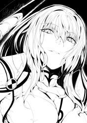 Rule 34 | 1girl, armor, black background, breasts, commentary request, fate/grand order, fate (series), greyscale, hair between eyes, large breasts, long hair, looking at viewer, monochrome, polearm, scathach (fate), shoulder armor, solo, spear, torichamaru, twitter username, upper body, weapon