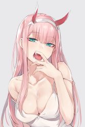 Rule 34 | 10s, 1girl, aqua eyes, bare shoulders, breasts, cleavage, collarbone, darling in the franxx, eyeshadow, grey background, hair over breasts, hairband, highres, horns, kyouki, long hair, looking at viewer, makeup, medium breasts, open mouth, pink hair, simple background, solo, strap slip, white hairband, zero two (darling in the franxx)