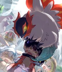 Rule 34 | 1boy, 2girls, 2others, angry, animal ears, blonde hair, blush stickers, cloak, creatures (company), crossover, faputa, furry, game freak, glowing, glowing eyes, grey hair, helmet, made in abyss, multiple girls, multiple others, nanachi (made in abyss), nintendo, on head, open mouth, pokemon, pokemon (creature), pokemon on head, rabbit ears, regu (made in abyss), riko (made in abyss), sasako39, sharp teeth, slither wing, teeth