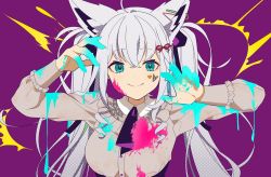 Rule 34 | 1girl, animal (vocaloid), animal ear fluff, animal ears, braid, breasts, brown shirt, collared shirt, fang, fang out, fox ears, fox girl, gezerun, hololive, long hair, looking at viewer, medium breasts, open hands, paint splatter, shirakami fubuki, shirt, side braid, smile, solo, twintails, virtual youtuber, vocaloid, white hair