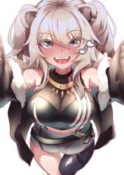 Rule 34 | 1girl, absurdres, animal ears, breasts, cleavage, commentary, fangs, fur-trimmed jacket, fur trim, grey eyes, grey hair, highres, hololive, jacket, large breasts, lion ears, meshiiro (rome sy), musical note, open mouth, see-through, see-through cleavage, shishiro botan, shishiro botan (1st costume), single thighhigh, skirt, thighhighs, tongue, virtual youtuber, white background