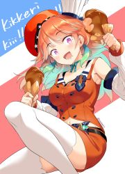 Rule 34 | 1girl, :d, absurdres, akamoku, aqua hair, belt, black bra, blush, bow, bowtie, bra, breasts, brooch, chicken (food), chicken leg, detached sleeves, food, gradient hair, hat, highres, holding, holding food, hololive, hololive english, jewelry, long hair, looking at viewer, multicolored hair, open mouth, orange shirt, orange skirt, purple eyes, ribbon, shirt, skirt, sleeveless, sleeveless shirt, smile, solo, takanashi kiara, thighhighs, underwear, virtual youtuber, white thighhighs