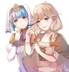 Rule 34 | 2girls, blonde hair, blue hair, bow, bracelet, braid, brown eyes, closed mouth, faye (fire emblem), fire emblem, fire emblem echoes: shadows of valentia, flower, hair bow, holding, holding flower, jewelry, long hair, long sleeves, low-braided long hair, low-tied long hair, multiple girls, nintendo, open mouth, red bow, short hair, signature, silque (fire emblem), simple background, smile, tarayuki, twin braids, veil, white background