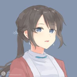 Rule 34 | 1girl, beizhen922, blue background, blue eyes, chinese clothes, duijin ruqun, earrings, hanfu, highres, jewelry, lofter logo, long hair, looking at viewer, open mouth, ponytail, simple background, solo