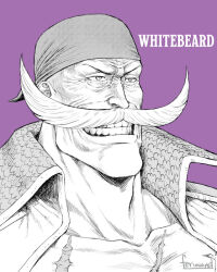 Rule 34 | 1boy, artist name, bandana, character name, clenched teeth, collarbone, commentary, edward newgate, english commentary, english text, facial hair, feriowind, greyscale with colored background, high collar, male focus, mustache, one piece, purple background, scar, scar on chest, simple background, smile, solo, teeth