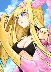 Rule 34 | 1girl, alpha tama, animal hands, blonde hair, blue eyes, breasts, claws, cleavage, commentary request, duel monster, feathered wings, feathers, hair ornament, harpie girl (yu-gi-oh!), harpy, heart, heart hair ornament, highres, long hair, medium breasts, monster girl, parted lips, pink feathers, pink wings, sky, solo, winged arms, wings, yu-gi-oh!