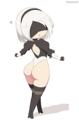 Rule 34 | 1girl, :o, artist name, ass, black headband, blindfold, chibi, headband, heart, juliet sleeves, kainkout, leotard, long sleeves, looking back, mole, mole under mouth, nier (series), nier:automata, puffy sleeves, short hair, simple background, solo, thighhighs, thighs, thong leotard, white background, 2b (nier:automata)
