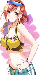 Rule 34 | 1girl, arisugawa natsuha, bare arms, bare shoulders, black-framed eyewear, blue-tinted eyewear, blue shorts, blush, breasts, brown hair, cleavage, closed mouth, commentary request, crop top, eyewear on head, grey eyes, hands on own hips, highres, idolmaster, idolmaster shiny colors, long hair, looking at viewer, medium breasts, midriff, navel, open clothes, open fly, open shorts, satoimo chika, shorts, smile, solo, tinted eyewear