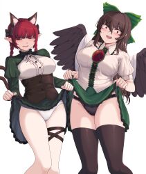 Rule 34 | 2girls, absurdres, animal ears, bird wings, black bow, black corset, black panties, black ribbon, black thighhighs, black wings, blunt bangs, bow, braid, breasts, brown hair, buttons, cape, cat ears, cat girl, cat tail, center frills, clothes lift, collared shirt, commentary request, corset, extra ears, feet out of frame, frilled shirt collar, frills, green bow, green shirt, green skirt, hair bow, highres, juliet sleeves, kaenbyou rin, korean commentary, lace, lace-trimmed panties, lace trim, large breasts, leg ribbon, lifting own clothes, long hair, long sleeves, looking at viewer, multiple girls, multiple tails, neck ribbon, open mouth, panties, puffy short sleeves, puffy sleeves, red eyes, red hair, reiuji utsuho, ribbon, shirt, short sleeves, shrug (clothing), simple background, skirt, skirt lift, smile, son (c100011), standing, tail, thighhighs, third eye, touhou, twin braids, two tails, underwear, white background, white cape, white panties, white shirt, wings